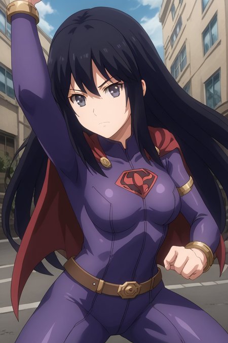 1girl, solo, ayamenb, black hair, long hair, black eyes, purple bodysuit, belt, cape, bracelets, outdoors, street, dynamic pose, serious, :o, superhero pose