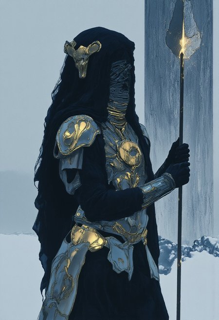 The image is a high-resolution photograph of a dystopian, futuristic scene set in an endless, snow-covered wilderness. The central figure is a Bedouin warrior woman, standing confidently in the half-shadow of a towering snowdrift, blending seamlessly with her surroundings. Her figure is both athletic and voluptuous, accentuated by a provocative yet functional outfit that mixes traditional desert garments with futuristic elements, now adapted to the harsh cold. She wears a flowing, tattered cloak of translucent, frost-white fabric that clings to her form, offering camouflage against the snow's blinding brightness. Beneath the cloak, her attire features fitted armor made of gleaming metallic plates, etched with intricate, geometric patterns reminiscent of ancient Bedouin designs, now frosted over with ice. The armor is strategically placed, revealing glimpses of her pale, frostbitten skin, glowing faintly against the monochrome setting. Her head is partially covered by a hood, designed with a blend of high-tech materials and traditional Bedouin headscarves, with a veil that obscures her face except for her piercing, kohl-lined eyes. Her hair, black and streaked with frost, peeks from under the hood, blending with the swirling snow. In her hands, she wields a sleek, futuristic spear with a shimmering blade that reflects the muted light of the overcast sky. Snowflakes swirl around her, caught in the ethereal glow of her weapon. R3alisticF