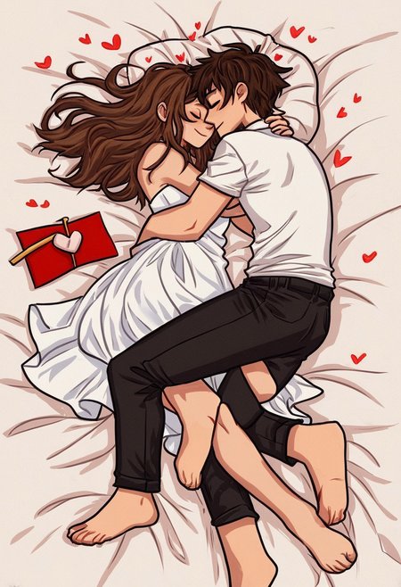 A photograph of a couple lying on a large, heart-shaped bed of red paper hearts against a white background. The woman, with long brown hair, wears a strapless white dress, and the man, with short dark hair, wears a white shirt and dark pants. They are barefoot, embracing intimately.