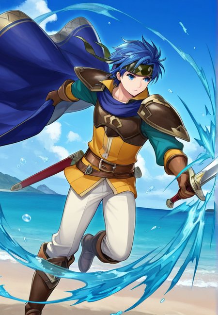 masterpiece, best quality, amazing quality, very aesthetic, absurdres,  newest, detailed background, secluded beach,, 
feh, magicaura, magic, water, bubbles, aura,
1boy, male focus, weapon, blue hair, blue eyes, sword, cape, headband, solo, gloves, armor, full body, holding weapon, holding, belt, boots, shoulder armor, holding sword, pants,
<lora:Fire_Emblem_Heroes_Style:1> <lora:Magic_Aura:1>