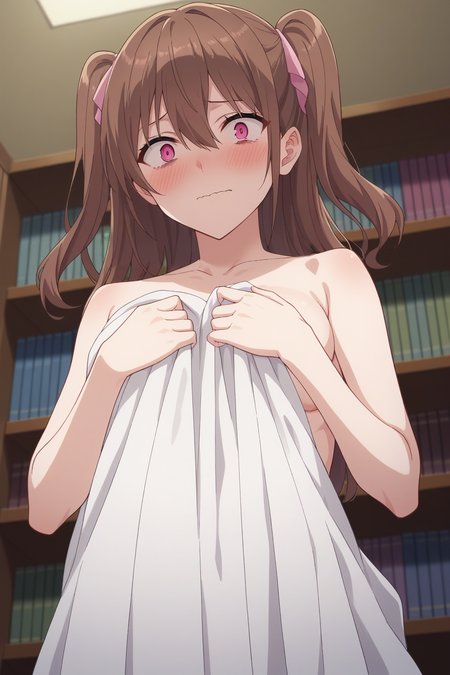 score_9, score_8_up, score_7_up, source_anime, 1girl, prefect lighting, very aesthetic, intricate details, highly detailed background, masterpiece, high quality, prefect hands, best quality, solo,
<lora:Mikari_Tachibana_2.5_Dimensional_Seduction_V1:.85>, KJOmikari, brown hair, pink eyes, two side up, hair between eyes,
covering with blanket, 
embarrassed, constricted pupils, blush, from below, looking at viewer, wavy mouth, 
room, bookshelf, 
(Beautiful, medium Breasts:1.2), natural breasts,