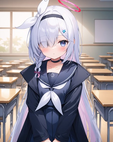 plana \(blue archive\),1girl, solo, hair_over_one_eye, halo, neckerchief, black_choker, black_hairband, looking_at_viewer, school_desk, black_skirt, black_sailor_collar, single_braid, long_sleeves, shirt, blush, index_finger_raised, side_braid, open_jacket, black_serafuku, black_jacket, collarbone, blurry_background, hair_ornament, hair_ribbon, indoors, classroom, parted_lips, pleated_skirt, hand_up
<lora:plana_(blue_archive)_image5824_2023-12-03-000009:1>halo. gorgeous,key visual, vibrant, studio anime,award-winning, professional, highly detailed,high budget, cinemascope