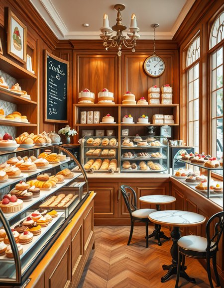 A beautifully designed, elegant pastry shop with a luxurious European-inspired aesthetic. The interior features intricate moldings, high ceilings, and large arched windows that allow natural daylight to stream in, casting a soft glow over the polished marble floors. The walls are adorned with pastel-colored wallpaper, delicate gold accents, and vintage-style framed paintings of pastries and tea sets.
The centerpiece of the shop is a long glass display case filled with an exquisite assortment of pastries, including colorful macarons, delicate éclairs, fruit tarts with glistening glaze, and elegantly decorated cakes with intricate sugar flowers. Behind the counter, shelves lined with neatly arranged boxes of artisanal chocolates, fine teas, and jars of homemade jam add to the refined atmosphere. Crystal chandeliers hang from the ceiling, casting a warm golden light that reflects off the glass surfaces.
Small round tables with marble tops and wrought iron chairs are arranged neatly throughout the space, each set with fine porcelain teacups and decorative napkins. A large antique-style clock hangs on the wall above a wooden shelving unit filled with fresh baguettes and croissants resting in woven baskets. The air is filled with the inviting scent of fresh-baked pastries, vanilla, and rich espresso.
In the background, a grand espresso machine with polished brass fittings sits atop a marble counter, next to a beautifully arranged tiered cake stand displaying freshly made confections. A large, arched doorway with a carved wooden frame leads to a cozy back room with additional seating and a vintage-style menu board showcasing the shop's specialties written in elegant calligraphy. The entire setting evokes a sense of refinement, charm, and indulgence, with a warm and welcoming ambiance.
<lora:SDXLFaeTastic2400:0.4> <lora:extremely_detailed:0.4> extremely detailed, <lora:elegant_p4stry_sh0p_illus:1>,elegant p4stry sh0p, Masterpiece,best quality,hi res,8k,hi res,8k,award winning,(sharp focus, intricate, highly detailed),