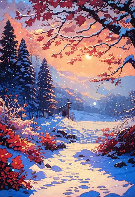 score_9, score_8_up, score_7_up,  snow, winter, bright sun, Japanese landscape, beautiful composition