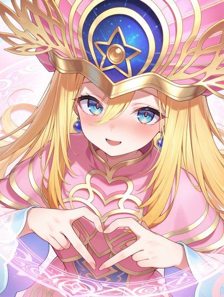 elemental grace doriado, official alternate costume, doriado, 1girl, solo, heart, blush, open mouth, looking at viewer, blue earrings, from above, heart hands, upper body, smile, pink wizard hat, pink rope, magic circle, magic
masterpiece,best quality,amazing quality,very aesthetic,absurdres,newest,<lora:Doriado 4 in 1 illusXL v1.1:0.7>,