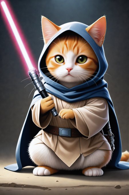 a master jedi cat in star wars with a lightsaber, wearing a jedi cloak hood (cat:1.3)