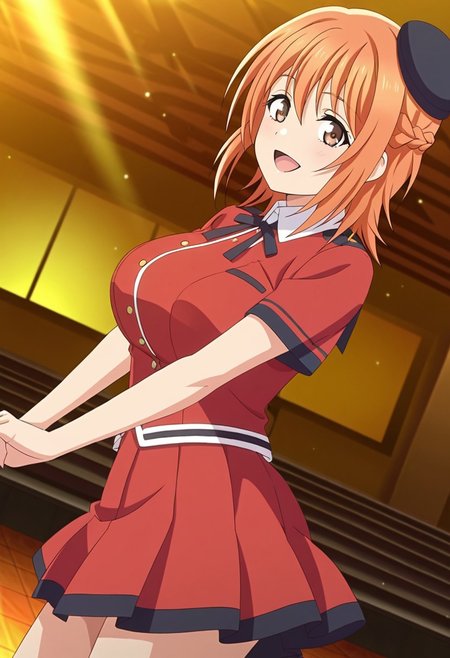 general,highres, ultra-detailed,very aesthetic,best quality ,best hands,best eyes,easynegative,
dynamic anglre, dutch angle, anime cloring,anime screencap,
1girl solo,looking at viewer,on stage, concert hall, dancing, smile, open mouth, 
Miho Fujigasaki,orange hair, short_hair, braid, brown eyes, huge_breasts,shirt,skirt, hat,