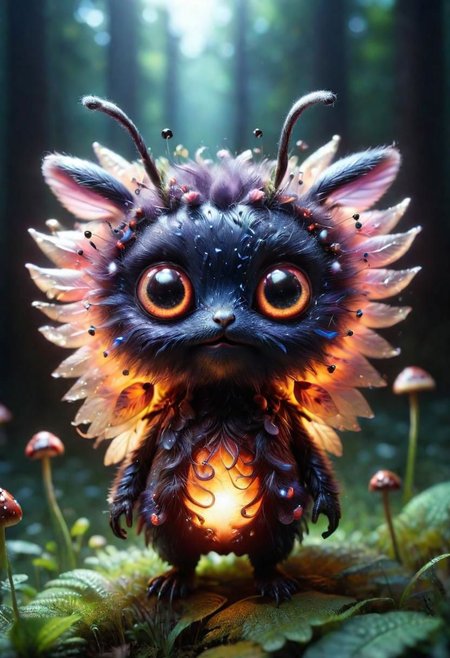 Mix the glowing-mushrooms, bunny and curly fur to create adorable magical ladybug with big glowing eyes, masterpiece, Surrealism, close-up, macro photo, f/1.2, backlighting, Albert Edelfelt, multicolored hair