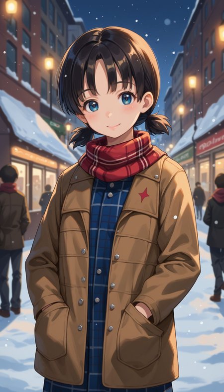 score_9, score_8_up, score_7_up, source_anime, 
 <lora:Nina (girlsundpanzer):1>  gupnina, 1girl, short hair, black hair, short twintails, low twintails, blue eyes, background, bokeh, depth of field, hair between eyes, jacket, long sleeves, looking at viewer, plaid, plaid dress, plaid jacket, plaid scarf, plaid shirt, scarf, smile, solo, unmoving pattern, street, winter, snow, one hand on pocket, v over eyes,