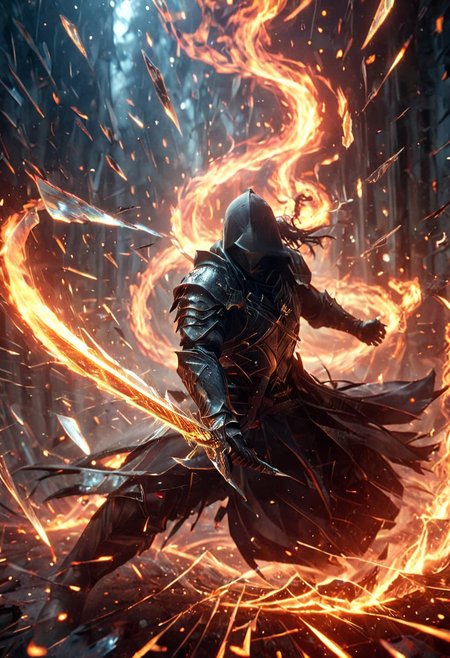 1man, Assasin, Incoming sword, broken glass, reflection, slash, shatter, fire element, holding sword, glowing sword, motion blur, emphasis line, outdoor in the darkness, looking viewer, text, "Z",
