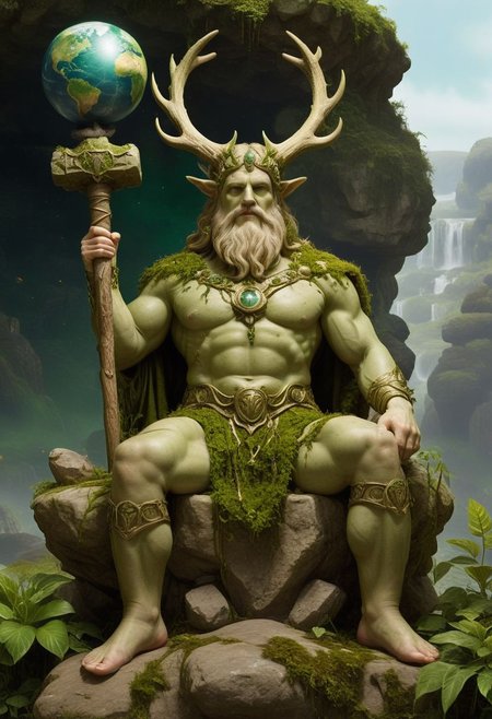 professional photograph, of Cernunnos (the antlered green god of earth) clothed in moss, resting on a solid_rock henge_arch with a huge hammer and a globe, realisticvision-negative-embedding, epiCRealism