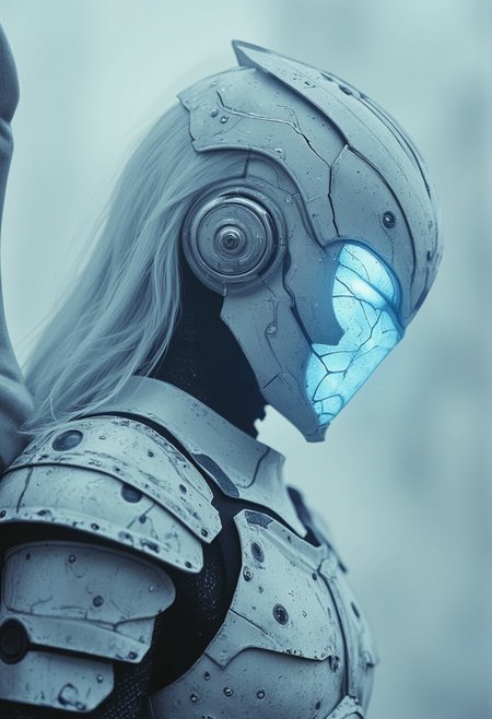 n30nfilm perfection style, Crystal clear atmosphere with sharp edges and high fidelity rendering, showcasing a cursed angel in gleaming, shattered white armor. The hkstyle armor has a glossy, pristine finish despite cracks revealing a faint inner glow. The focus is on a close-up of the angel’s intricately designed helm, rendered with a modern art studio’s photographic precision. The helm’s shattered visor emits a piercing white-blue light, creating clean streaks as the angel’s swift motion is captured. The angel’s long, radiant blueish hair flows perfectly, each strand sharply defined against a backdrop of a dystopian, white-washed metropolis with futuristic, glossy architecture in ruins. The background is crisp and clear, with sharp details even in the mist. No grain or blur; everything is rendered with modern studio lighting, revealing the glossy, polished surfaces and intricate design of the armor. The overall mood combines haunting beauty with powerful precision, captured in a modern, highly detailed, and strikingly realistic photograph.