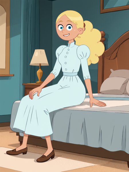 score_9, score_8_up, score_7_up,  score_6_up, BREAK, P13rr3tt3, 1girl, solo, long hair, blue eyes, blonde hair, ponytail, white dress, brown footwear, bedroom, sitting on bed, smile, looking at viewer  <lora:Pierrette-000009:1>