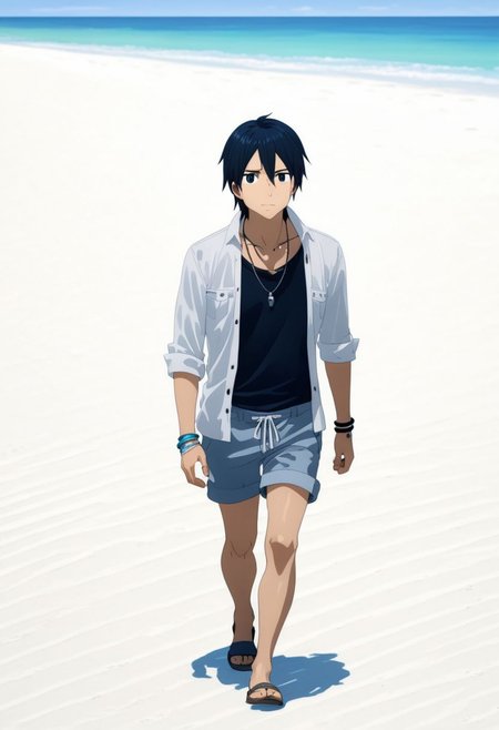 high resolution, professional photography, best quality, 1Boy, Kirigaya Kazuto, Black Hair, Black Eyes, overalldetail, beach, calm, white sand, clear sky, walking, candid, open shirt, shorts, sixpack, necklace, bracelet