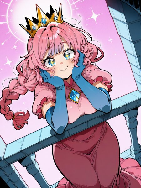 KafunXLP,,
1girl lay on balcony, princess pink dress, elbow gloves, blue eyes, crown, single braid, long skirt, medium breasts, looking at viewer, dynamic angle, cowboy shot, cute, cartoon, hands on face, hand on own cheek, cute pose, smile, blush, wide shot, sparkling eyes, magic vibes, bangs, floating hair,
 <lora:KafunXLP_style-12:1>