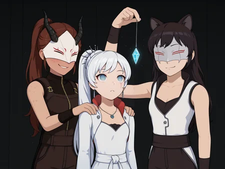 masterpiece, best quality, amazing quality, very aesthetic, absurdres, newest, 3girls, standing,
weiss_schnee, blake belladonna, \(rwby\), 1l1a
upper body, smile, holding, mind control, blue gem, hand on another's shoulder
<lora:Crystal-on-String-ILL_Kirill782_v2:1>, crystal on string, arm up, 
BREAK
(hand on another's shoulder:1.3), smirk,
(F4ngM4sk, full face mask, white mask with long horns, black horns:1.3), covered eyes,
brown hair, long hair, ponytail, dark skin, freckles,
B0dysu1t, black bodysuit, sleeveless, single glove,
 <lora:Ilia-Amitola-RWBY-ILL_ArkAi_v1:0.9>
BREAK
weiss_schnee, long hair, ponytail, white hair, blue eyes, scar across eye, earrings, jewelry, necklace, weissdef, long sleeves, cropped jacket, high collar, white dress,
hands behind back, standing in front, (standing from behind:1.3), hand on shoulder, 
looking up, mind control, crystal on string, looking at gem, 
 <lora:Weiss-Schnee-Rwby-ILL_Lisette_v1:1>
BREAK
blake belladonna, \(rwby\), black hair, cleavage, medium breasts, cat ears, long hair, 
WF_RWBY, full face mask, white jacket, white sleeveless jacket, black pants, black fingerless gloves, 
arm up, (blake belladonna-arm-above-head),
<lora:White-Fang-Uniform-RWBY-ILL_JGCC1990_v1:1>