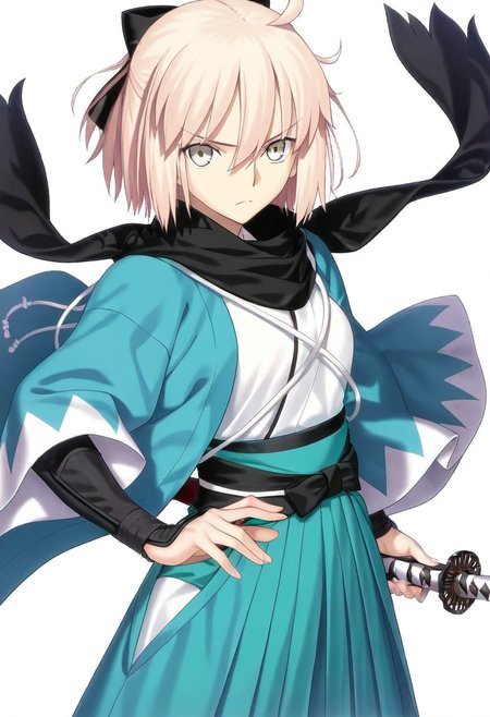 masterpiece, best quality, absurdres, detailed skin, detailed eyes, detailed face, anime colored, anime screencap, anime colored,
<lora:Okita_Souji:1>, Okita Souji, 1 girl, looking at viewer, serious, cowboy shot, 
haori, scarf, hakama, katana,
((white background)),