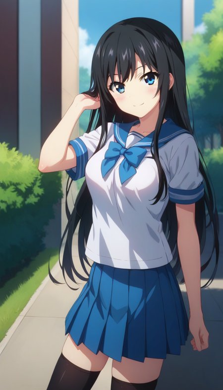 score_9,score_8_up,score_7_up,score_6_up BREAK official art,solo,outdoors,cowboy shot,looking at viewer,facing viewer,smile,blush,(petite:1.5),Minamiya Natsuki,very long hair,black hair,sidelocks,bangs,blue eyes,school uniform,serafuku,blue sailor collar,blue bowtie,blue ribbon,white shirt,short sleeves,medium breasts,miniskirt,blue skirt,pleated skirt,plaid skirt,black thighhighs,zettai ryouiki,loafers,<lora:Minamiya Natsuki(bstb)-Pony:1.4>,