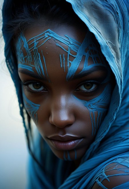 Close-up face, mysterious silhouette of an exotic coloured girl in worn down clothing, light blue war-paint over eyes only, goddess, alluring, by Minjae Lee, Carne Griffiths, Emily Kell, Steve McCurry, Geoffroy Thoorens, Aaron Horkey, Jordan Grimmer, Greg Rutkowski, amazing depth, double exposure, surreal, geometric patterns, intricately detailed, bokeh,  perfect balanced, deep fine borders, artistic photorealism , smooth,  great masterwork by Suiras  <lora:add-detail-xl:2>  <lora:Double_Exposure:0.5>