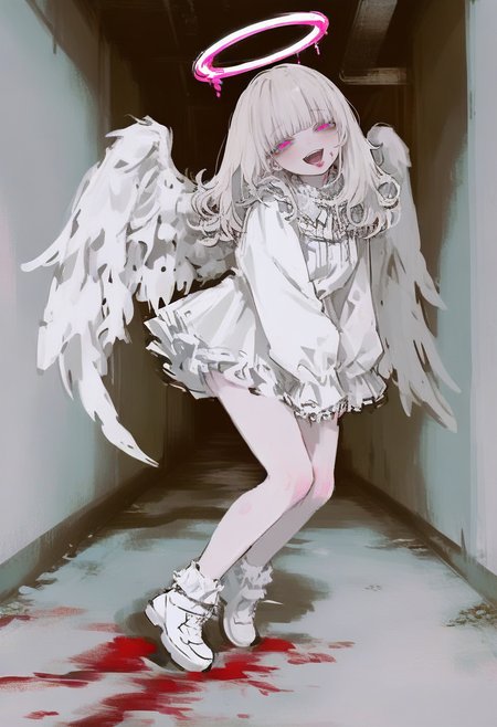 1girl, halo, solo, wings, angel wings, open mouth, blood, pink eyes, angel, smile, dress, looking at viewer, white footwear, long hair, white dress, shoes, bangs, long sleeves, feathered wings, white hair, :d, sleeves past wrists, full body, teeth, frills <lora:748cmXL_NBVP1_lokr_V6311P:0.95>