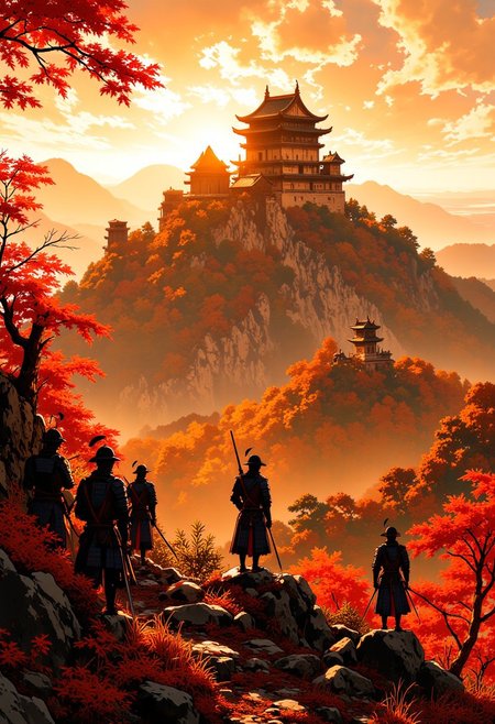nistyle, Inkplash art on rice paper, sepia, henna , Silhouette Art, magnificent, inksplash poster art, Japanese medieval castle on a hill with Japanese medieval soldiers and samurai in armour standing in formation in front of it, rolling hills and woodland, autumn, sunset
