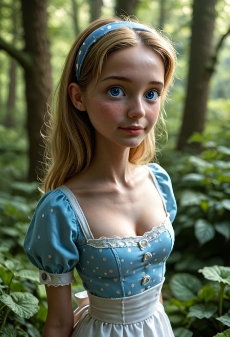 ((Masterpiece, Best Quality, Highres:1.2), RAW photo, 8K, HDR, source photo, photorealistic, , volumetric lighting,  high quality, intricate delicate,natural, Fixhand, Expressiveh, (detailed skin:1.2), a woman, 20yo, medium breasts, side view, upper body shot, 1girl, cute, petite, small nose, freckles, 1girl, solo, AliceWaifu, blonde hair, blue eyes, white apron, blue mini dress, white petticoat, puffy sleeves, white stockings thigh high, hairband, cleavage, small breasts, petite, (18yo:1.6), (adorable:1.4), (cutest:1.4), (cute:1.4), (petite:1.4), (youthful:1.4),dynamic lighting, from side, dynamic angle, dynamic lighting, blurry background, very aesthetic, emotive, nostalgic, clear eyes, detailed eyes, polka dot mushroom forest background, cleavage, breasts burst, delicate depiction, detailed background, Impressive, beautiful, fascinating, attractive, fine detail, perfect, sharp focus, professional, expressive, extremely complex, stunning, fantastic, marvelous, excellent composition, amazing atmosphere, sharp details, flawless, perfect anatomy, scenic, Ultra-high resolution, perfect anatomy,