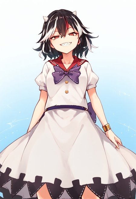 score_9, score_8_up, score_7_up, source_anime, perfect face, (illustration), intricately detailed illustration, Exquisite color design, (best quality, ultra detailed), smooth skin, high details, (1girls), beauty, kijin_seija, short hair, multicolored hair, (black hair), streaked hair, red hair, white hair, hair flaps, hair between eyes, red eyes, horns, small horns, grey horns, cone horns, white horns, white collared shirt, white buttons, sailor collar, bracelet, purple bowtie, puffy short sleeves, white dress, white skirt, layered skirt, underskirt, purple belt, purple bow, arrow print, arrow \(symbol\), facing viewer, narrowed eyes, looking at viewer, grin, sharp teeth, front view, low angle, day, hands on hips,