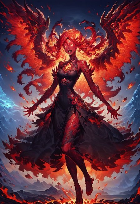 score_9, score_8_up, score_7_up, dress, woman, solo, glowing eyes, outdoors, mountain, fire, wings, long hair, open mouth, glowing, black dress, fiery hair, floating hair, looking at viewer, molten rock, full body, red hair, sky, sleeveless dress, sleeveless, glowing hair, bare shoulders, night, colored skin, personification, blank eyes, flying, highly detailed, intricate, zzCitronCAT, cowboy shot, explicit, revealing, sexy, see-through