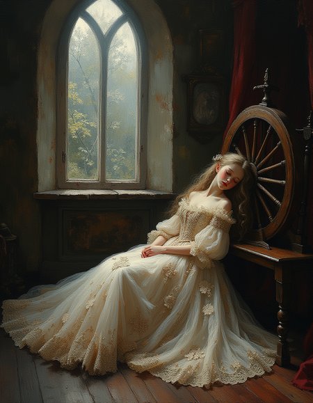 An ultra-detailed, portrait oil painting of a medieval castle room with a young teen princess wearing ornate gown serenely asleep on the ground next to a spinning wheel. The princess has white skin and long pale blond hair fan around her sleep form. Her gown embellished with intricate floral patterns and delicate embroidery. The spinning wheel is crafted from dark, polished wood with delicate carvings, and the air is filled with an aura of magic. Soft, cool moonlight filters in through a large arched window, casting a gentle, ethereal glow around the room. The room is adorned with ancient tapestries, luxurious velvet drapes, and antique furnishings, creating a timeless, enchanted atmosphere.
Masterful oil painting, oil on canvas, Focus on the girl, shadow and light, Masterpiece, intricate lines, intriguing atmosphere, sharp magnificent details, delicate features, elaborate details, (2\3 rule composition:0.5), ultra detailed, romantic, Rembrandt lighting, brush stroke, lovely, novuschroma, in the style of Rembrandt. vantablack <lora:style_of_Rembrandt_FLUX_135:.6> <lora:- Flux1 - vanta_black_V2.0:.3> <lora:neeeg_f1:-1> <lora:113_novuschromaFLX_1:.4> <lora:Midjourney_Whisper_Minimal:.3>