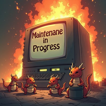 "A giant computer with a ‘Maintenance in Progress’ sign, while fire in the background is surrounded by little Asian dragons trying to extinguish it with buckets of water. Text: ‘Civitai: The Fix Is On Its Way’." anime style