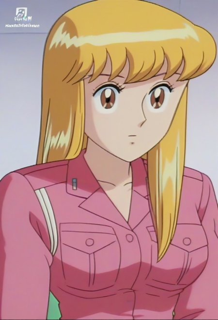 masterpiece, best quality, , anime screencap, anime coloring, official style,uncensored,1girl, solo, (kochikame, akimoto reiko, huge breasts, blonde hair, pink suit),