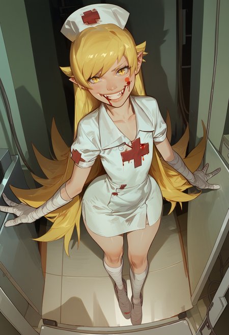 score_9, score_8_up, score_7_up, score_6_up, aesthetic , (1girl), (solo), Oshino_Shinobu, yellow_eyes, blonde_hair, long_hair, flat_chest, pointy_ears, blush_stickers, huge ass, thick thighs , wide hips , (big lips:0.7), nurse outfit, nurse cap, hospital, night, bandaged arm, bandaged leg, bandaid on cheek, blood on a floor, looking at viewer , short sleeves, very long hair, standing, dynamic angle, blushing, bloody mouth, blood on face, blood on clothes, grin, fangs, vampire fangs,
<lora:Expressive_H:1>, <lora:incase-ilff-v3-4:0.3>, <lora:saigalisk_pd:0.8> <lora:add-detail-xl:0.3>  <lora:Shinobu_Pony:1>