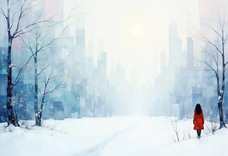An ethereal winter landscape redefined in abstract forms, where soft, translucent swirls of pale blues, silvers, and frosted whites blend seamlessly into one another. Frost-covered trees melt into geometric shapes that hint at their natural form but are softened by fluid, dreamlike brushstrokes. Snowflakes transform into delicate spirals and tendrils, drifting and intermingling with a calm, glowing light. The composition is minimal, yet layered with texture, evoking a sense of serene stillness and a gentle, meditative quiet. Subtle gradients of icy lavender, mint, and pearl evoke the peaceful solitude of a winter morning, untouched and timeless, In the distance is a beautiful woman in a red long coat and black hair, blue eyes glowing , <lora:Digital painting V1.safetensors:1.0> ,