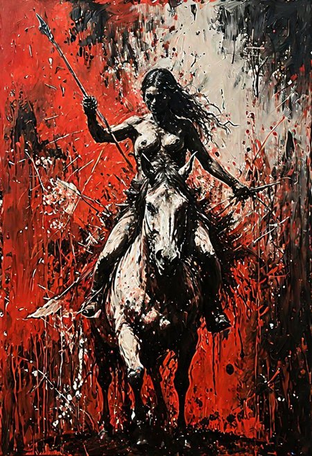 (Impressionism: 1.5), (abstract acrylic painting), red and black and white shades, (large strokes: 1.3), painting on canvas, filled with movement, (action packed), (barbarian nomad) riding a horse, (arriving: 1.5), holding a bow in the hand, (looking forward), macro photo, sparkling magical fantasy glass rose dewdrop, dragonfly on the rose, very detailed, amazing quality, intricate, cinematic light, highly detail, beautiful, surreal, dramatic, galaxy fantasy colors, (from above: 1.3), dinamic position, (much splashes of blood and dirt: 1.3) from under the hooves, realism, modern art, abstraction, absurdity, acrylic painting on canvas, (silhouette in strokes: 1.6)