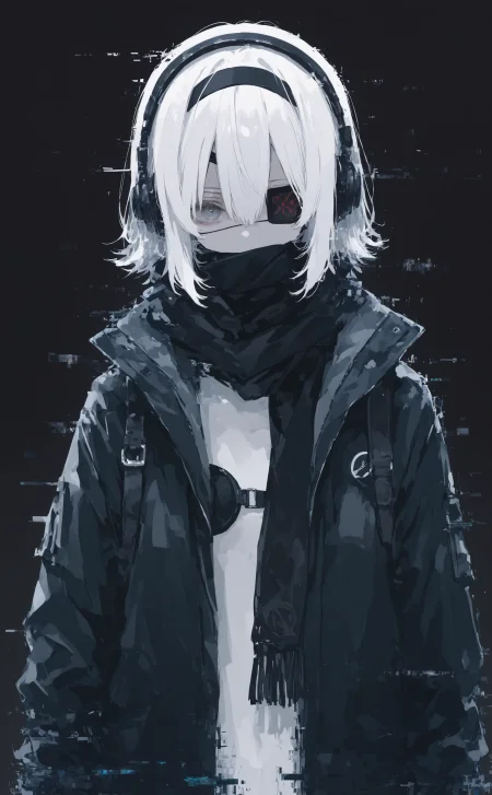 masterpiece, best quality, amazing quality, 1girl, solo, looking at viewer, short hair, hair between eyes, jacket, upper body, white hair, hairband, open clothes, scarf, open jacket, black jacket, grey eyes, headphones, eyepatch, black background, one eye covered, high collar, covered mouth, straight-on, black scarf, glitch, black theme, (oharu-chan:0.85), (shimashiro itsuki:1.2), <lora:noobai_ep11_stabilizer_v0.138_fp16:0.3> <lora:NOOB_vp1_detailer_by_volnovik_v1:0.3> <lora:XXX667:0.5> <lora:lpc_v10:0.7> <lora:r17329_illuu:0.4> <lora:114558v4df2fsdf5:0.4>