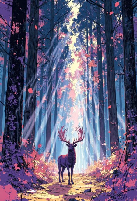 A dreamlike fantasy landscape painted in the vibrant, whimsical style of Lauren Greasley Style. A mysterious forest shrouded in soft, glowing mist, with towering, twisted trees adorned with luminescent flowers and vines. In the center, a magical creature resembling a deer with antlers made of crystal and a mane flowing like liquid gold stands gracefully, its bright eyes shimmering with ancient wisdom. The background features a sky awash with swirling colors, like an aurora, casting a surreal glow over the entire scene.