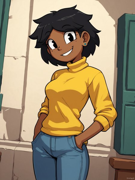 score_9, score_8_up, score_7_up,  score_6_up, BREAK, 0al3r1e, 1girl, solo, smile, black hair, black eyes, medium breasts, dark-skinned female, dark skin, earrings, mole under eye, yellow sweater, turtleneck, jeans, hands in pocket, looking at viewer, smile  <lora:Valerie:1>
