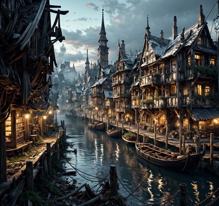 RAW photo, (masterpiece:1.3), subsurface scattering, heavy shadow, (high quality:1.4), (intricate, high detail:1.2), professional photography, HDR, High Dynamic Range, realistic, ultra realistic, photorealistic, high resolution, film photography, ambient lighting, atmospheric effects, <lora:detail_slider_v4:2>, OverallDetail, DarkFantasy,  <lora:Laketown:1>, laketown, a shabby town in a lake, old, derelict small wooden huts, dirt, water, canal, river,