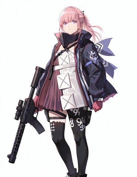 Volumetric Lighting, (masterpiece), (best quality), (ultra-detailed), masterpiece, source_anime, score_9, score_8_up, score_7_up BREAK, illustration, disheveled hair, detailed eyes, perfect composition, moist skin, intricate details BREAK, purple eyes, pink hair, ponytail, sidelocks, hair between eyes BREAK, AR15MOD3, layered clothes, MOD3_vest, white vest, MOD3_jacket, black jacket, MOD3_dress, pink dress, MOD3_chest_strap, uneven legwear, MOD3_thighhighs, MOD3_gloves, MOD3_thigh_holster, MOD3_thigh_strap, MOD3_battle_mask, MOD3_hair_ornament, black footwear BREAK, ((white background)), looking at viewer, standing, shadow, holding rifle, assault rifle, ar-15, holding ar-15