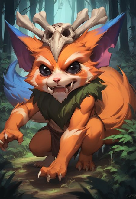 score_9, score_8_up, score_7_up, score_6_up, gn4r, 1boy, yordle, fangs, teeth, skull on head, orange fur, black eyes, tail, full body, forest, 
<lora:Manwha_Anime_Style:1>, manhwastyle, <lora:Gnar_Default_v1:0.7>, solo, looking at viewer, (stiff tail, scared, shoked,  veins, !)
