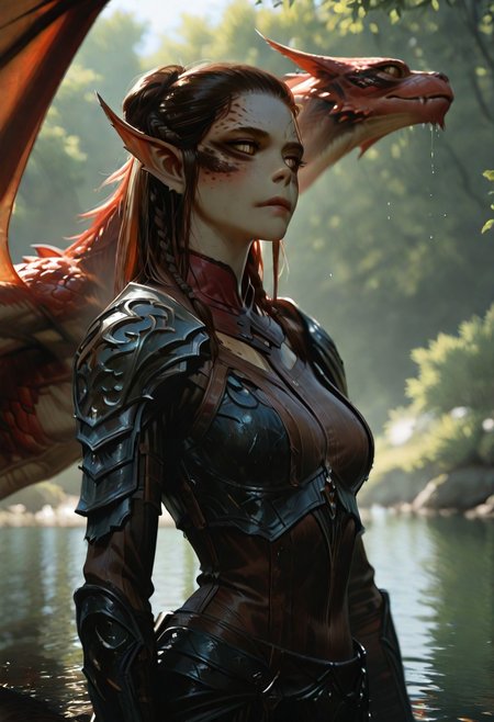 masterpiece, ultra-HD, cinematic lighting, photorealistic, impressionism (1.5), high detail, depth of field, (blurred background), (dramatic lighting),masterpiece, best quality, very aesthetic,8k,lae'zel, 1girl, gith (d&d), slit pupils, yellow eyes, facial mark , pointy ears, scar on face, scar on mouth, scar on forehead,  braided sidelock,  brown hair,  colored skin,  body freckles, toned,  dungeons & dragons, medium breasts,  reflection, wet,  relaxed, dappled sunlight, outdoors, shoulder armor, armor, ridding a red dragon, flying over lake,
masterpiece, best quality, amazing quality, usnr,
