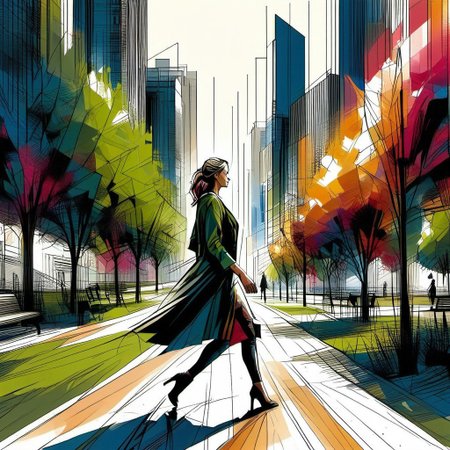 InkBlast, portrait, 1woman walking through a city park