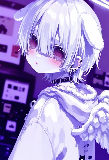 animal ears, white hair, pale skin, male focus, wings, ear piercing, dog boy, 1boy, angel wings, dog ears, hood, jewelry, hoodie, piercing, solo, looking at viewer, earrings, collar, androgynous, choker, short hair, blush, hood down <lora:748cmXL_NBVP1_lokr_V6311PZ:0.95>