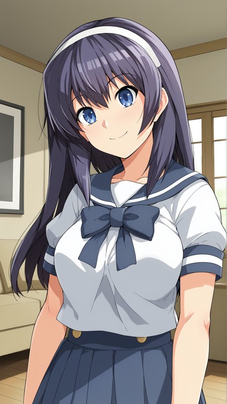 score_9, score_8_up, score_7_up, BREAK (source_anime:1.2), best quality, masterpiece, uncensored,ultra detailed,unreal engine 5,8k,studio lighting,in living room, 
 1girl,solo,smile,
<lora:yuina_xl:1> yuina, long hair, blue eyes, hairband, purple hair,
standing,upper body, serafuku,
