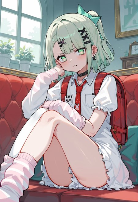 1girl, green hair, medium hair, gradient eyes, green eyes, pink eyes, single sidelock, x hair ornament, side ponytail, ribbon, choker,  white shirt, necktie, short sleeves, puffy sleeves, arm warmers, skirt, fur trim, asymmetrical legwear, leg warmers, backpack, sitting, couch, indoors, mansion, disgust, looking at viewer <lora:chinatsu_remiel_zzz:1>, score_9, score_8_up, score_7_up, score_6_up, score_5_up, score_4_up, BREAK source_anime, masterpiece