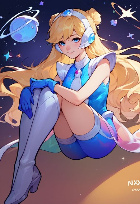 score_9, score_8_up, score_7_up, score_6_up, source_anime, 1girl, solo,  <lora:lux-pdxl-nvwls-v1-000005:1> spclux, blonde hair, blue eyes, hair buns, headphones, blue leotard, blue gloves, see-through skirt, blue shorts, thigh boots, fetal position, outer space, looking at you, holding own knees, smile