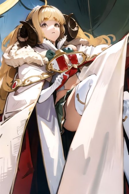 solo_focus, 1girl, (((masterpiece))), ((best quality)), ((ultra-detailed)), high resolution, absurdres, highres, ultra-detailed 8k unity wallpaper, 
aniladef, cleavage, cape, white gloves, white thighhighs, pleated skirt, fur trim, pelvic curtain, white tabard