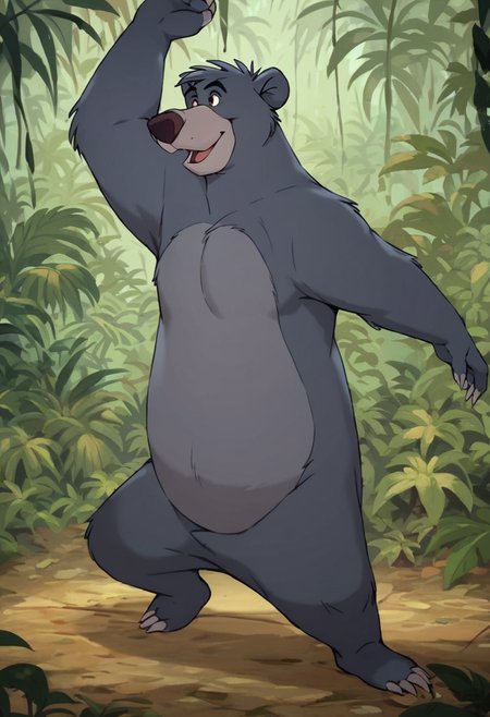 score_9, score_8_up, score_7, score_6_up, score_5, jungle in background, solo, 
(baloo:1.2, bear), two tone fur, dark grey and light grey fur, male, brown eyes,
dancing, furry body, fur, full body,
 <lora:Furry_Lora_Baloo_Jungle_Book:0.6>