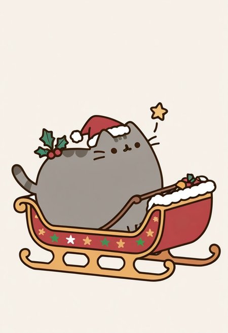 masterpiece, best quality,    Pusheen, simple background,  sleigh, Christmas theme,