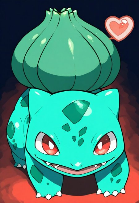 Pst,
bulbasaur, pokemon,, no humans, fangs, red eyes, white pupils, pokemon (creature), claws
 ,solo,finger_heart gesture